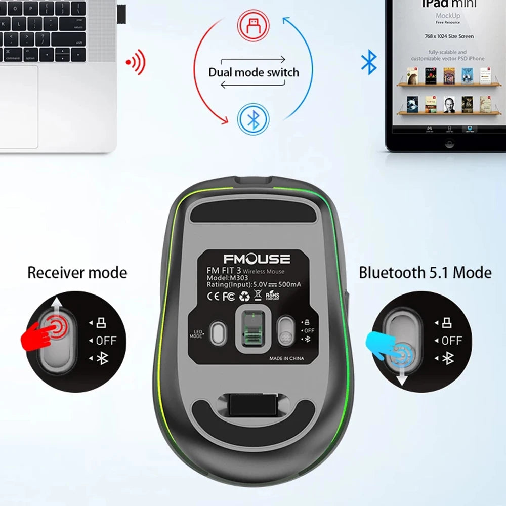 Dual Mode RGB Wireless Bluetooth Rechargeable Mouse