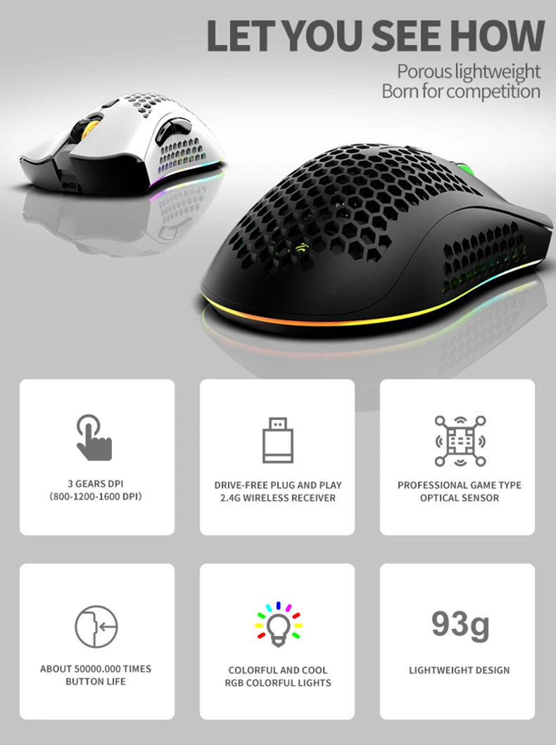 BM600 RGB Rechargeable Honeycomb Gaming Mouse