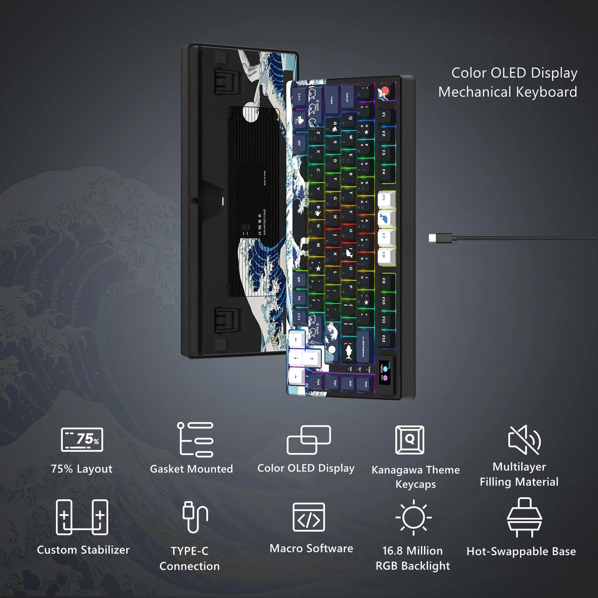 Wired OLED RGB Hot-Swappable Gaming Keyboard