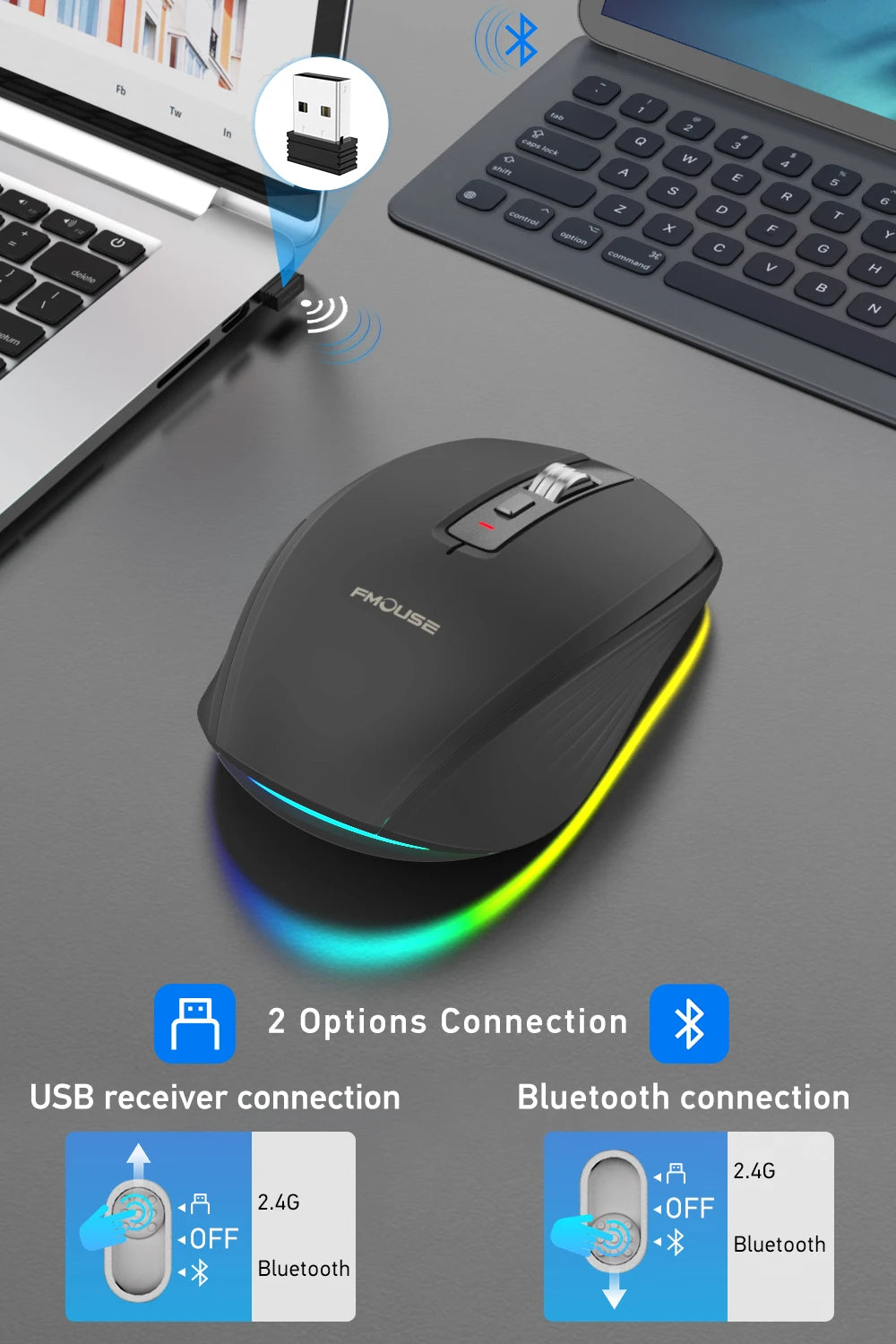 Dual Mode RGB Wireless Bluetooth Rechargeable Mouse