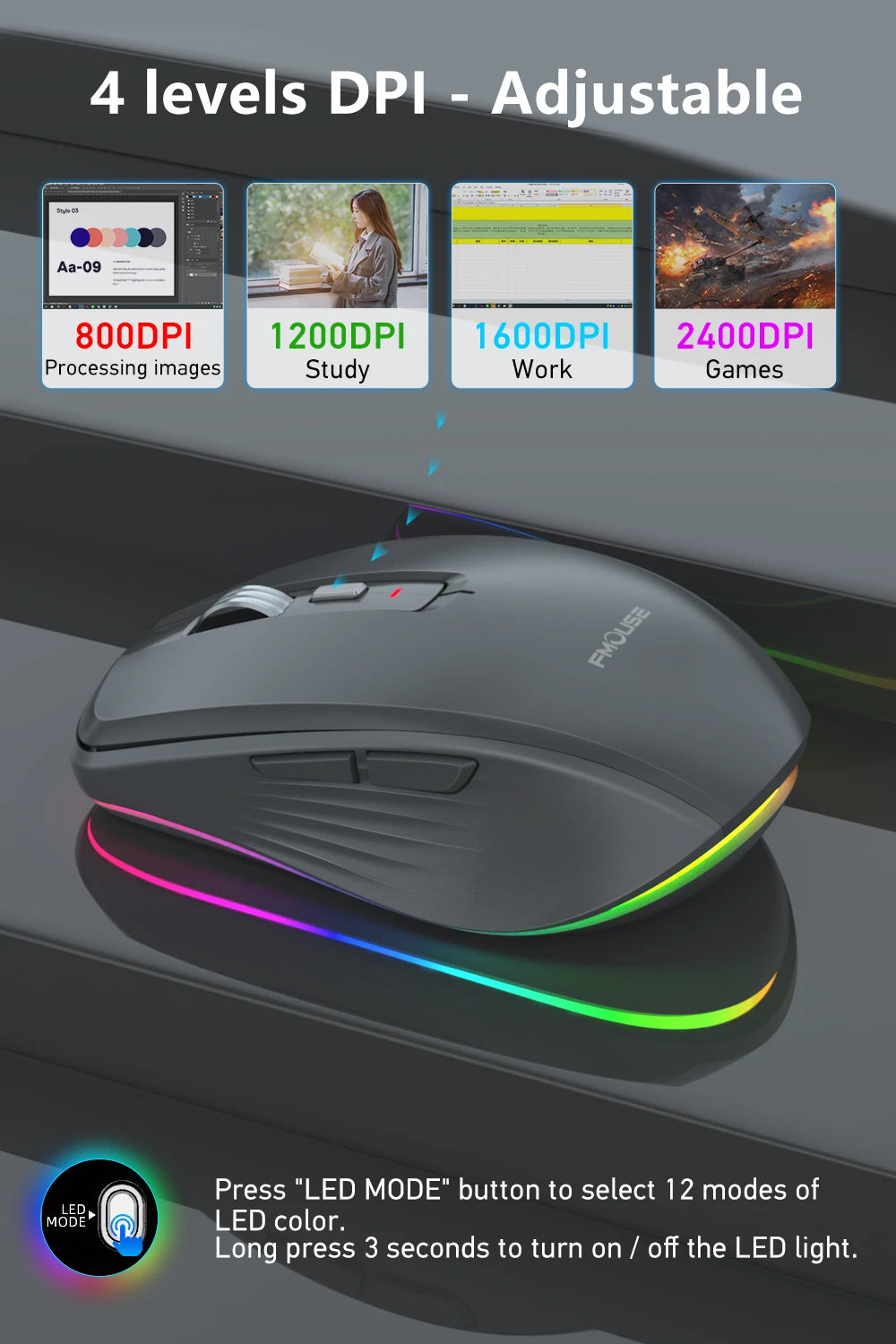 Dual Mode RGB Wireless Bluetooth Rechargeable Mouse