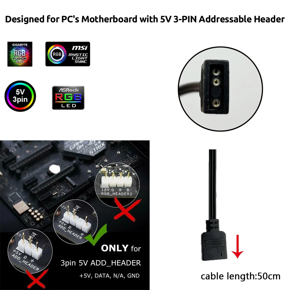 5V ARGB 3Pin Header for Asus Aura Gaming Case